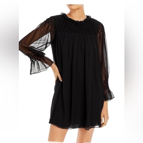 Rebecca TAYLOR NWT black smocked baby doll silk dress w/sheer sleeves size small - Picture 8 of 11